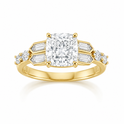 Art Deco Cushion Cut Lab Diamond Engagement Ring – 14K Yellow Gold