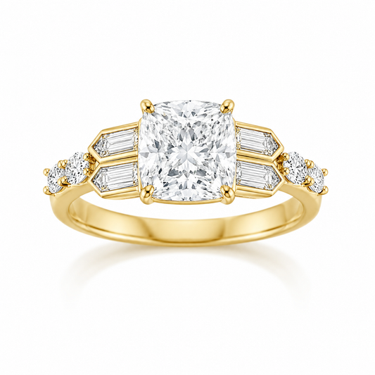 Art Deco Cushion Cut Lab Diamond Engagement Ring – 14K Yellow Gold