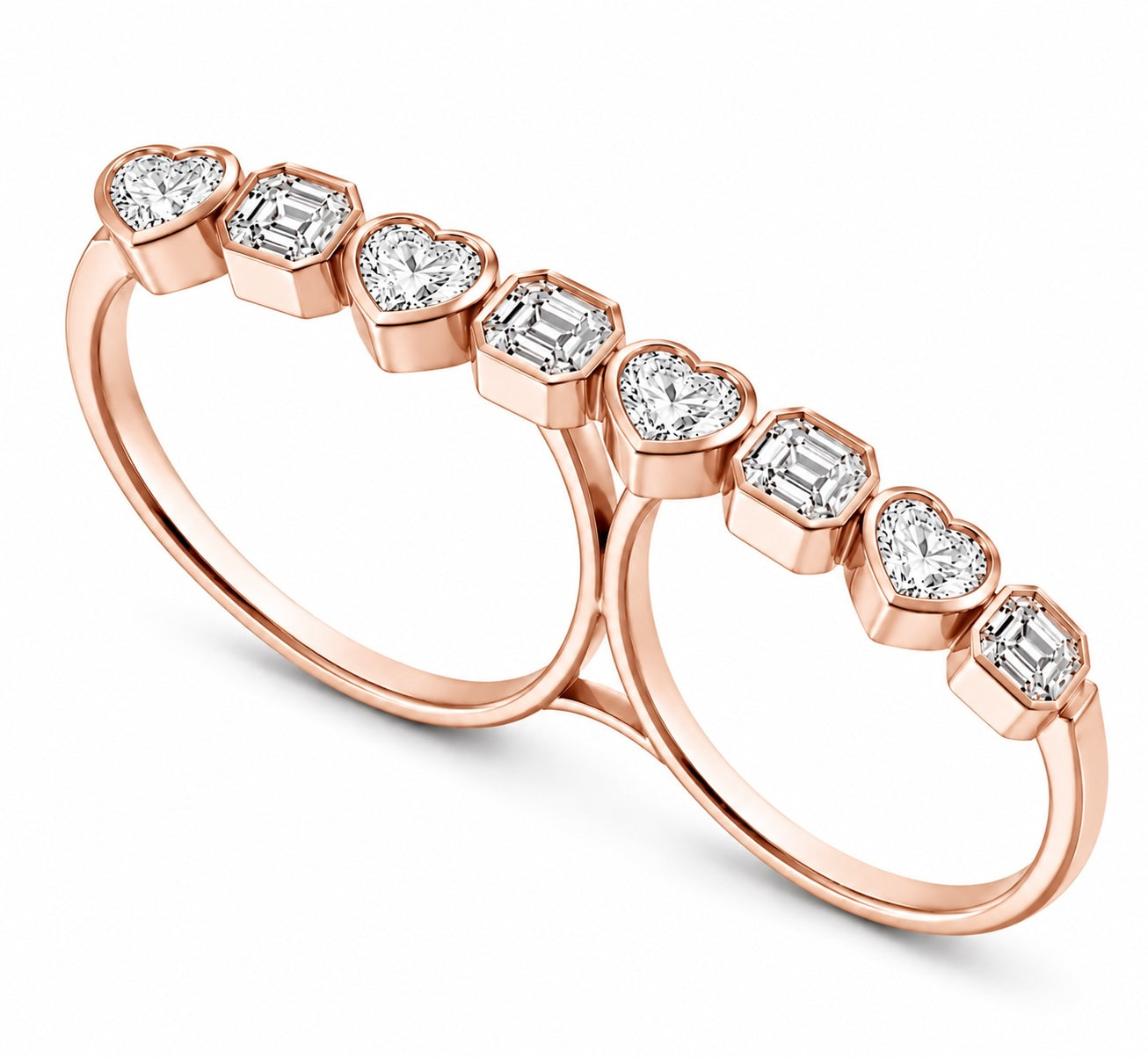heart & asscher cut diamond two-finger ring