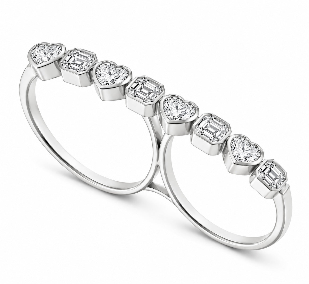 heart & asscher cut diamond two-finger ring