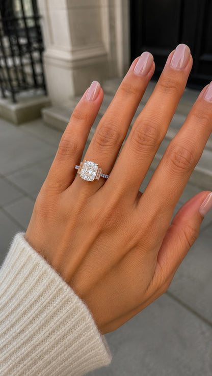 Blue Diamond Band 3 Carat Cushion Cut Engagement Ring