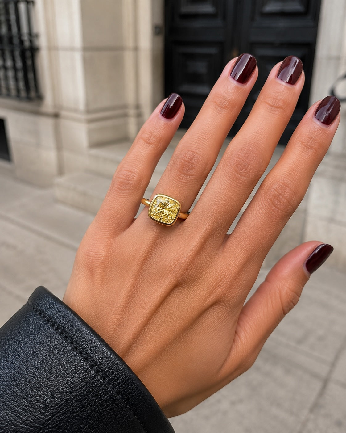 east-west 3 carats yellow diamond cushion ring