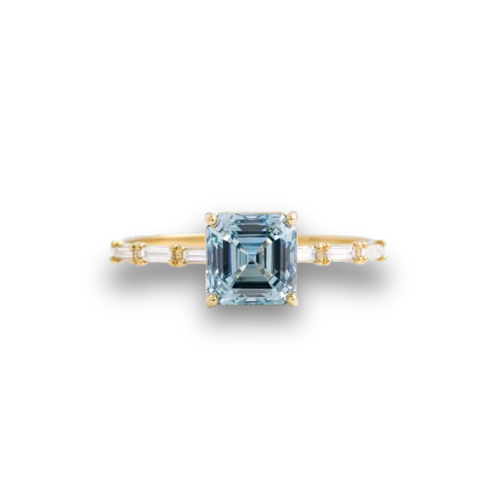 asscher cut blue lab-grown diamond ring in 9k yellow gold – 2.0 ct with baguette side diamonds