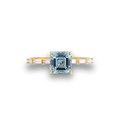 Asscher Cut Blue Lab-Grown Diamond Ring in 9K Yellow Gold – 2.0 CT with Baguette Side Diamonds
