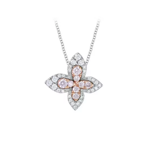 butterfly halo lab-grown diamond necklace • fancy pink & white diamonds • igi certified • 18k white & rose gold