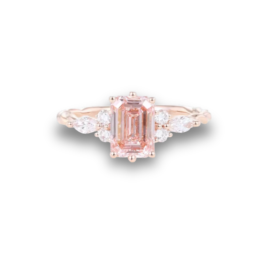 Pink Emerald Cut Lab-Grown Diamond Ring in 14K Rose Gold – 1.5 CT Center with Marquise & Round Accents