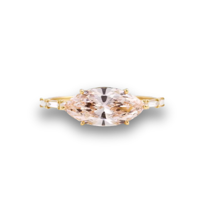 East-West Marquise Cut Pink Lab-Grown Diamond 1.5ct Ring in 9K Yellow Gold with Baguette Side Diamonds