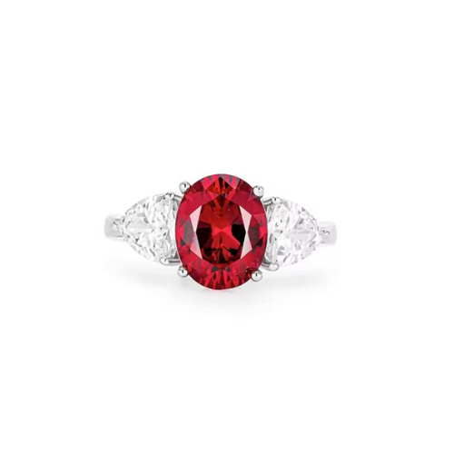Three-Stone Oval-Cut Pigeon Blood Lab-Grown Ruby Ring • 3×5mm or 7×9mm • 14K White Gold