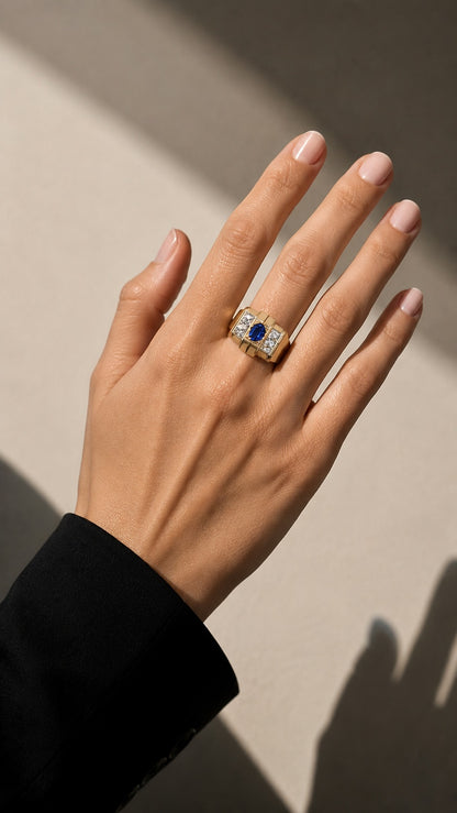 Sapphire Legacy Tank Ring – 1ct Lab Sapphire & Diamonds in 18K Rose Gold