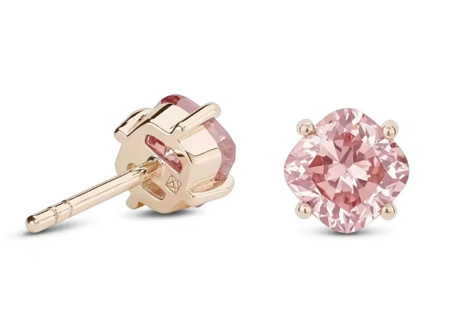 pink cushion-cut lab-grown diamond stud earrings in yellow gold • 1ct each vs1
