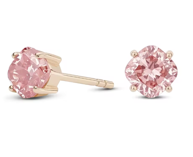 pink cushion-cut lab-grown diamond stud earrings in yellow gold • 1ct each vs1