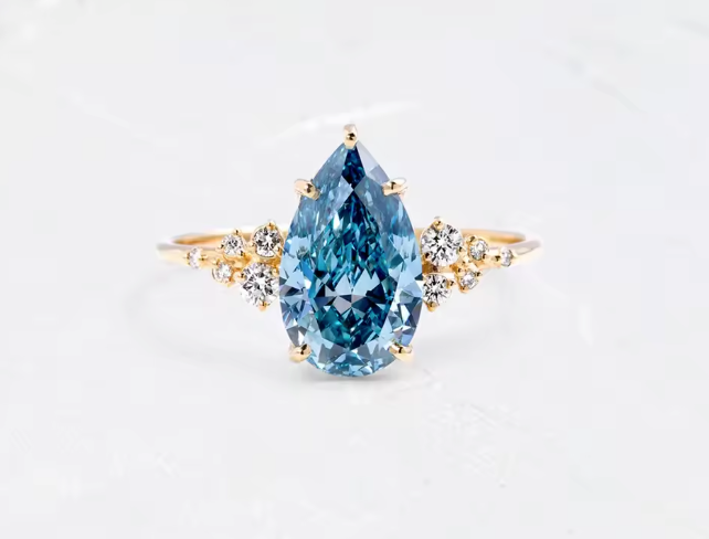 2ct blue pear lab-grown diamond engagement ring in yellow gold – d color vs1, igi certified