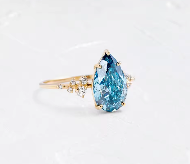 2ct blue pear lab-grown diamond engagement ring in yellow gold – d color vs1, igi certified