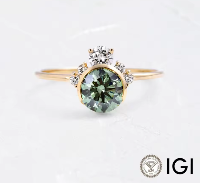vintage green round lab-grown diamond engagement ring • 1.00ct • 14k yellow gold with diamond accents