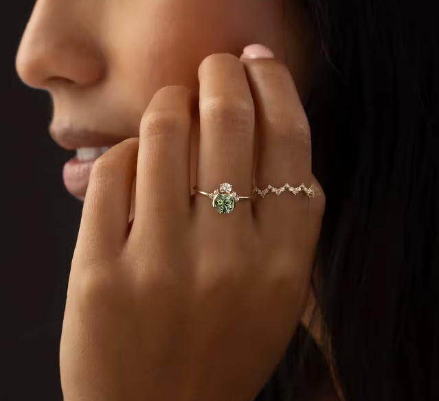 vintage green round lab-grown diamond engagement ring • 1.00ct • 14k yellow gold with diamond accents