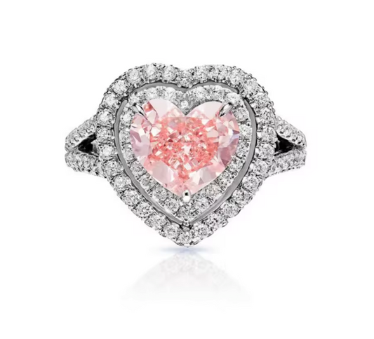 Double Halo Fancy Vivid Pink Heart-Cut Lab-Grown Diamond Engagement Ring • 1–2ct VS1 • IGI Certified • 14K White Gold