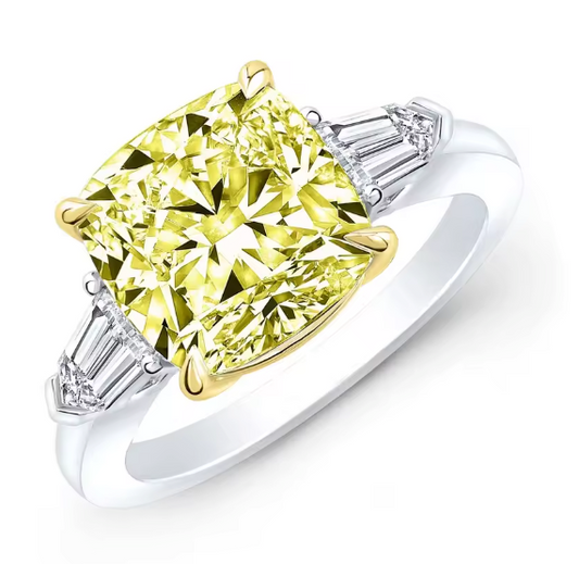 Three-Stone Fancy Intense/Vivid Yellow Cushion-Cut Lab-Grown Diamond Ring • 1–2ct Center • IGI Certified