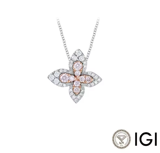 butterfly halo lab-grown diamond necklace • fancy pink & white diamonds • igi certified • 18k white & rose gold