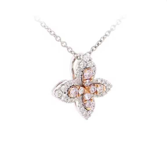 butterfly halo lab-grown diamond necklace • fancy pink & white diamonds • igi certified • 18k white & rose gold
