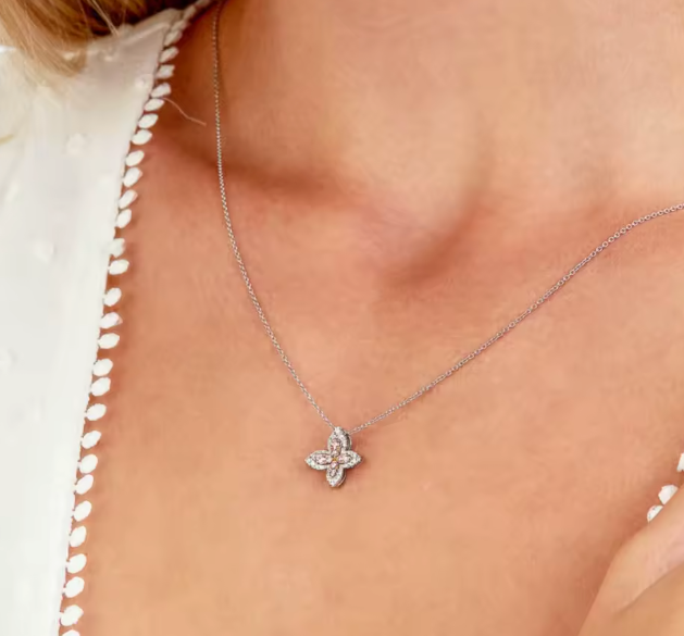 butterfly halo lab-grown diamond necklace • fancy pink & white diamonds • igi certified • 18k white & rose gold