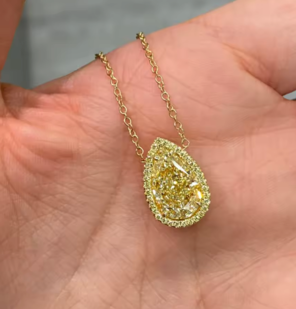 fancy light yellow pear-cut lab-grown diamond halo pendant • 3–4ct vs1 • 14k yellow gold