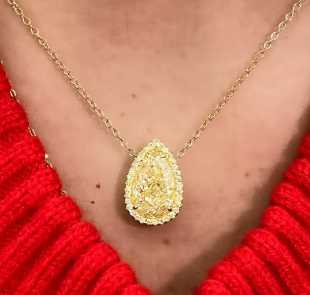 fancy light yellow pear-cut lab-grown diamond halo pendant • 3–4ct vs1 • 14k yellow gold