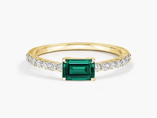 beatrice emerald-cut lab-grown emerald & diamond pavé ring • 5×7mm • 14k yellow gold