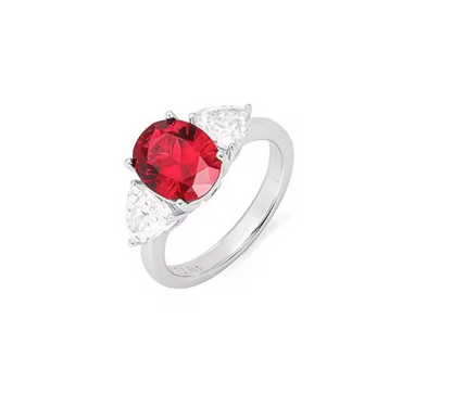 Three-Stone Oval-Cut Pigeon Blood Lab-Grown Ruby Ring • 3×5mm or 7×9mm • 14K White Gold