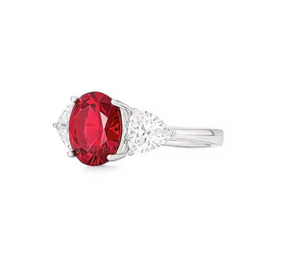 Three-Stone Oval-Cut Pigeon Blood Lab-Grown Ruby Ring • 3×5mm or 7×9mm • 14K White Gold