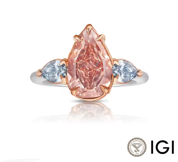 pink pear lab-grown diamond three-stone ring in 14k white gold – 2.0 ct total, igi certified