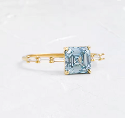 Asscher Cut Blue Lab-Grown Diamond Ring in 9K Yellow Gold – 2.0 CT with Baguette Side Diamonds