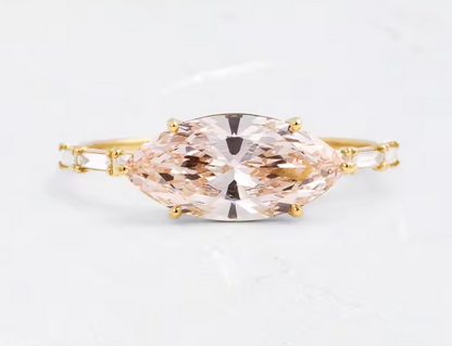 East-West Marquise Cut Pink Lab-Grown Diamond 1.5ct Ring in 9K Yellow Gold with Baguette Side Diamonds