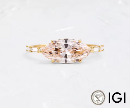 East-West Marquise Cut Pink Lab-Grown Diamond 1.5ct Ring in 9K Yellow Gold with Baguette Side Diamonds