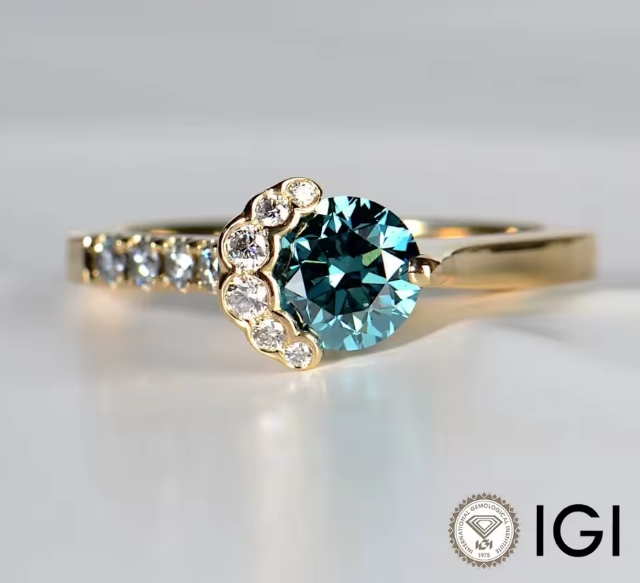 luxury blue round cut lab-grown diamond ring in 14k yellow gold – 1.0 ct, igi certified