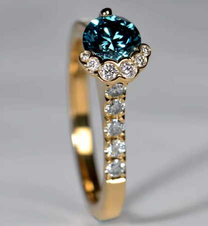 Luxury Blue Round Cut Lab-Grown Diamond Ring in 14K Yellow Gold – 1.0 CT, IGI Certified