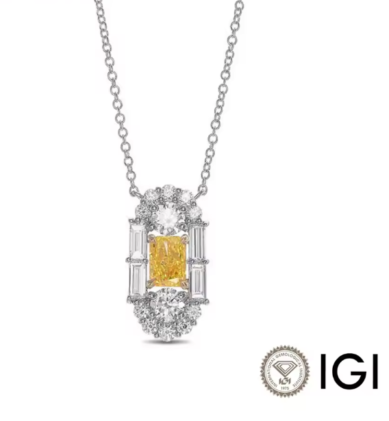fancy yellow radiant cut lab-grown diamond halo necklace in 14k white gold – 0.5 ct center stone