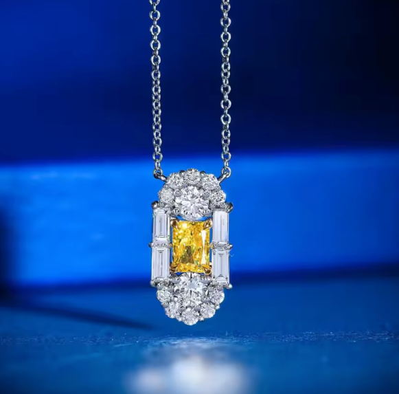 fancy yellow radiant cut lab-grown diamond halo necklace in 14k white gold – 0.5 ct center stone