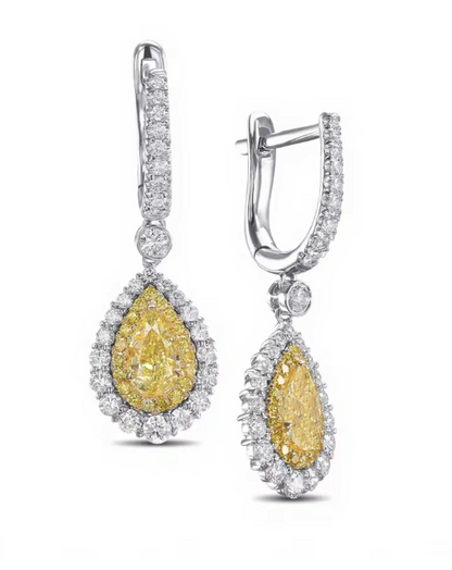 Fancy Intense Yellow Pear Cut Lab-Grown Diamond Double Halo Earrings in 14K White & Yellow Gold – 1 or 2 CT Each