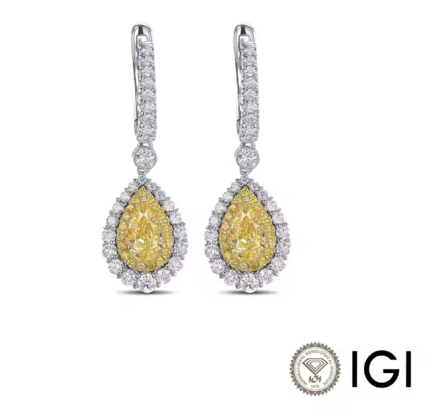 fancy intense yellow pear cut lab-grown diamond double halo earrings in 14k white & yellow gold – 1 or 2 ct each