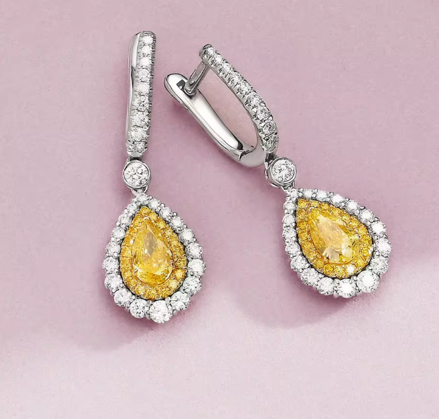fancy intense yellow pear cut lab-grown diamond double halo earrings in 14k white & yellow gold – 1 or 2 ct each