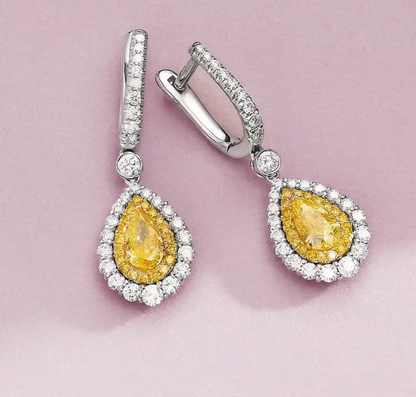 Fancy Intense Yellow Pear Cut Lab-Grown Diamond Double Halo Earrings in 14K White & Yellow Gold – 1 or 2 CT Each