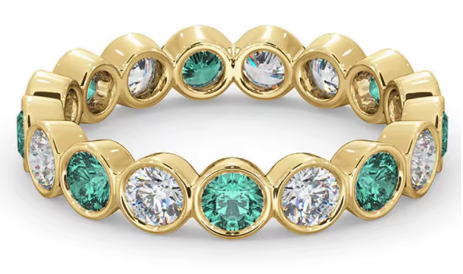 bezel-set emerald & lab-grown diamond eternity ring in 14k yellow gold – classic wedding band
