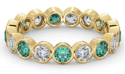 Bezel-Set Emerald & Lab-Grown Diamond Eternity Ring in 14K Yellow Gold – Classic Wedding Band