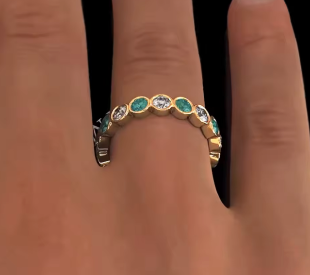 bezel-set emerald & lab-grown diamond eternity ring in 14k yellow gold – classic wedding band