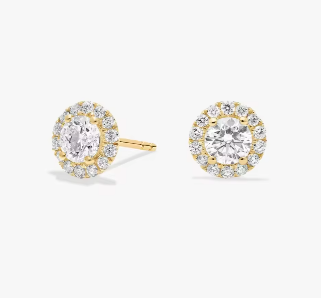 round lab-grown diamond halo stud earrings in 9k yellow gold – 1.0–2.0 ct total