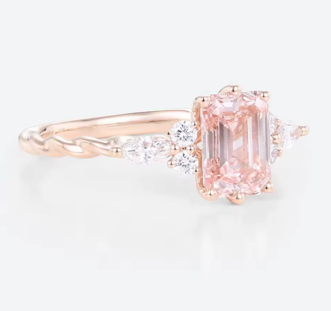 pink emerald cut lab-grown diamond ring in 14k rose gold – 1.5 ct center with marquise & round accents