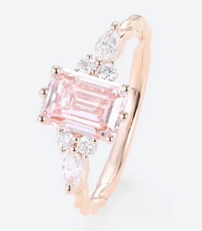 Pink Emerald Cut Lab-Grown Diamond Ring in 14K Rose Gold – 1.5 CT Center with Marquise & Round Accents