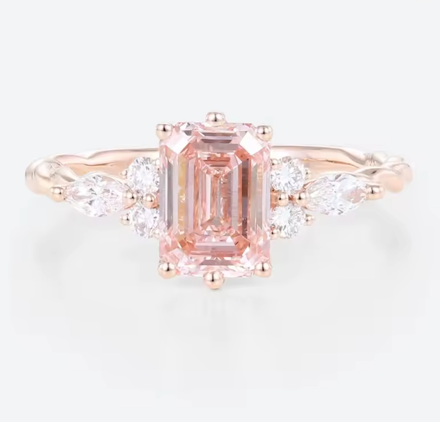 pink emerald cut lab-grown diamond ring in 14k rose gold – 1.5 ct center with marquise & round accents