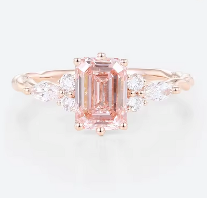 Pink Emerald Cut Lab-Grown Diamond Ring in 14K Rose Gold – 1.5 CT Center with Marquise & Round Accents