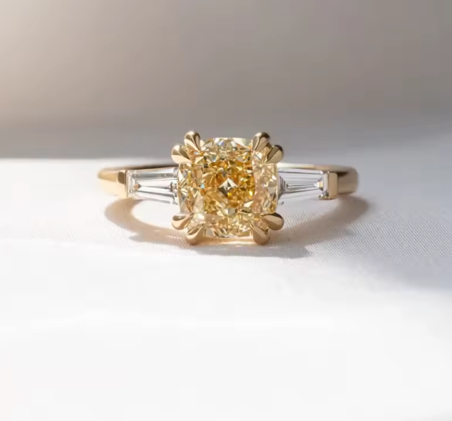 three-stone yellow cushion cut lab-grown diamond ring in 14k yellow gold – 2.0 ct center stone